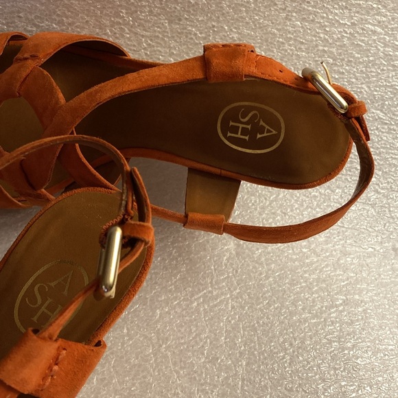 ASH Orange Suede Slingback Lattice Wedge Heel Sandals & Gold Buckle - Sz 37 - Picture 9 of 13
